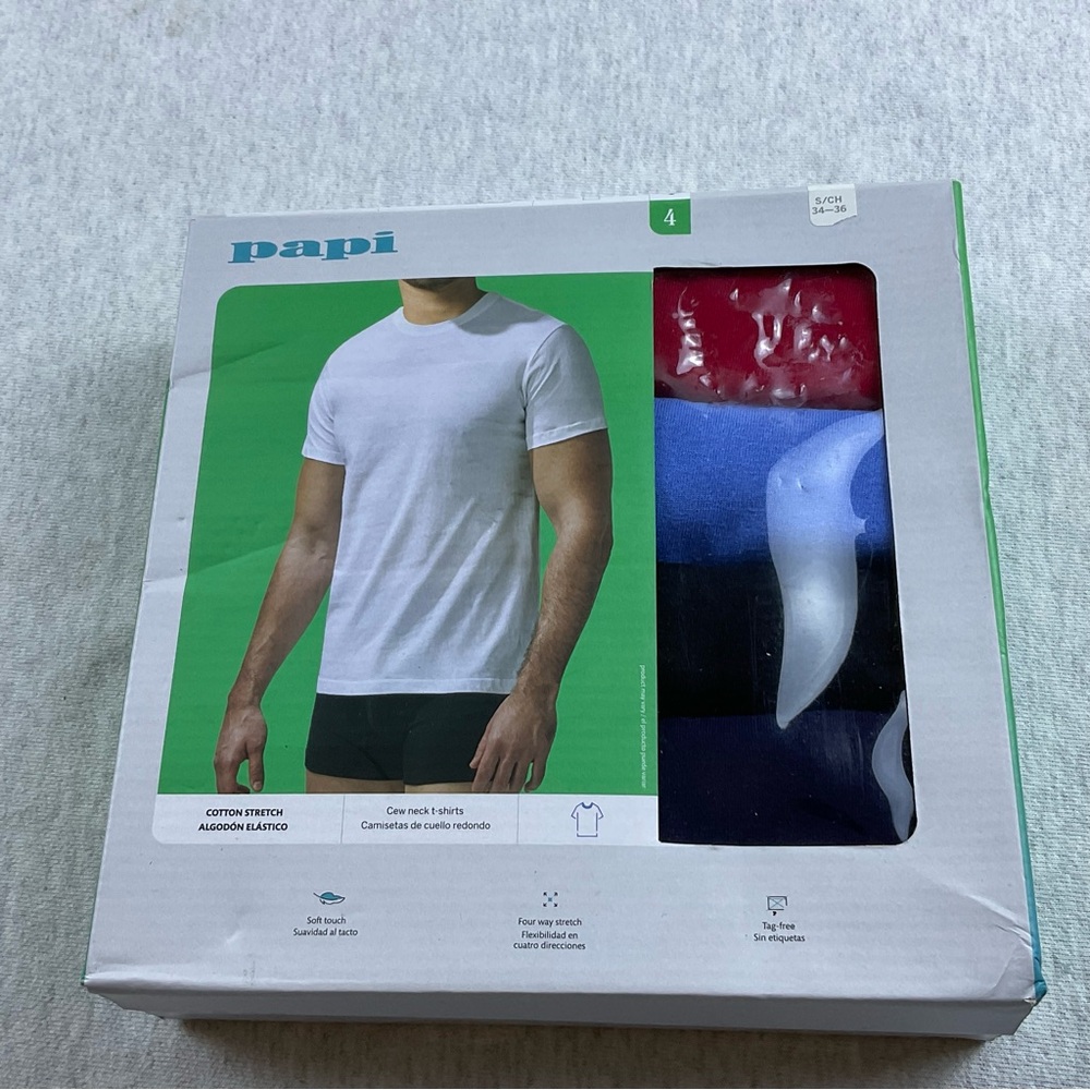 PAPI COTTON BLEND MEN’S T-SHIRTS 4 PACK SHORT SLEEVES CREW NECK SIZE:SMALL MULTI